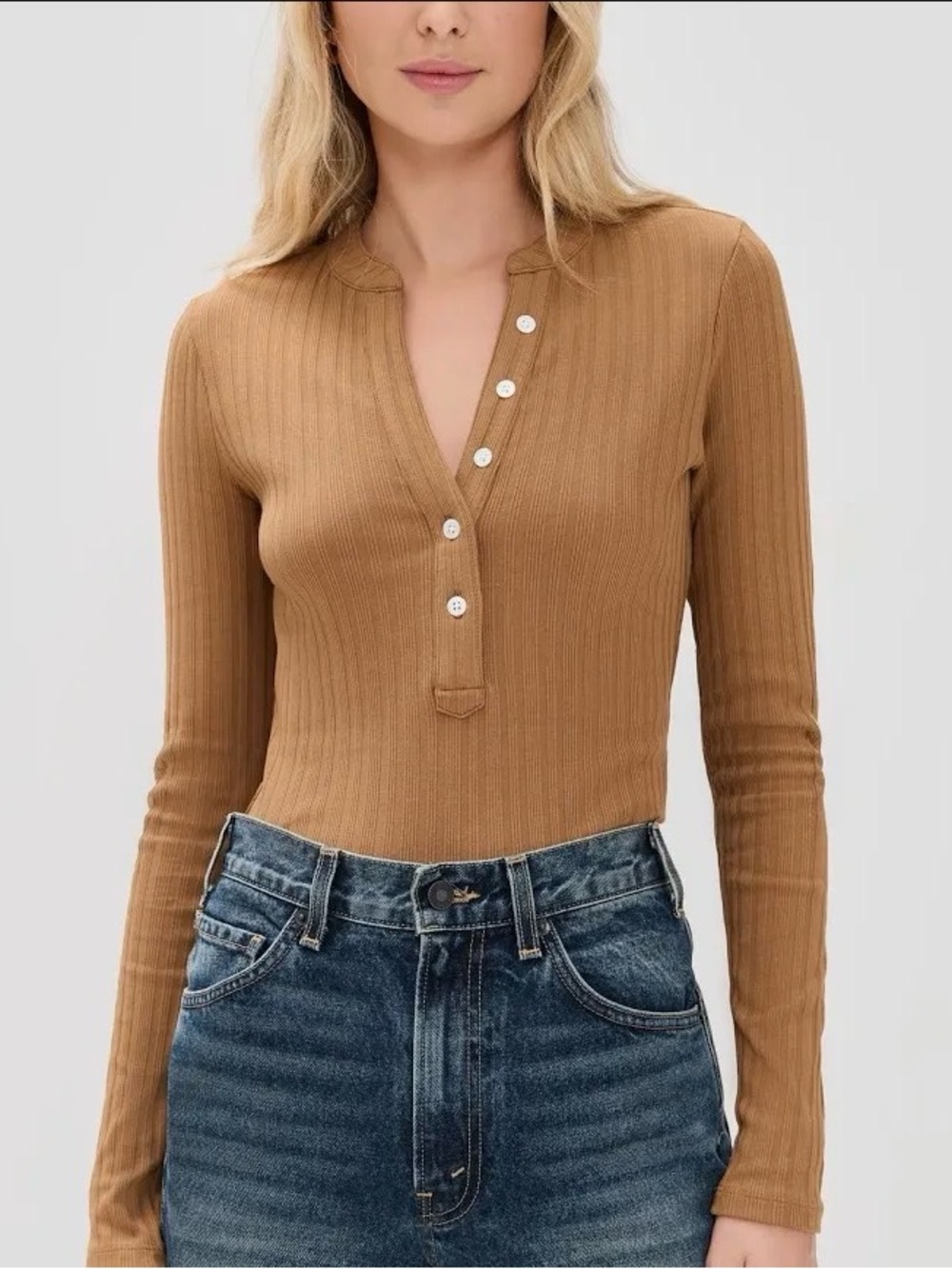 NWT Veronica Beard Jocelyn Henley Neutral Camel Ribbed Knit Top Stretch Size Sm